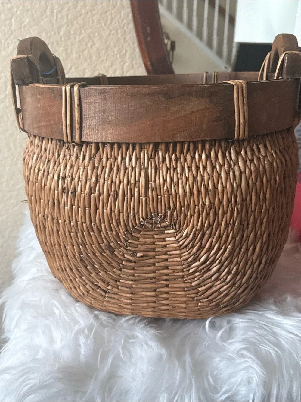 Antique Chinese Woven Willow Gathering Basket Medium Hand Carved Arched Handles